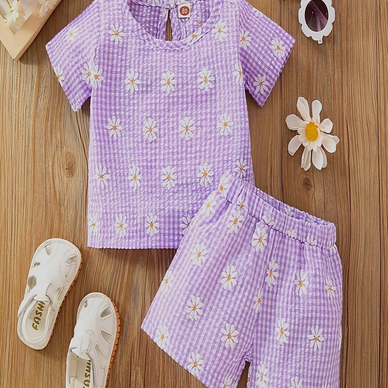 Girls Summer Plaid & Flowers Outfit Short Sleeve T shirt & Shorts Set