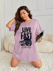 Retro Nightdress Women's Plus Letter & Car Print Short