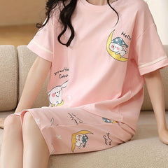 Bunny & Moon Print Pajama Set Short Sleeve Top & Cozy Crop Pants