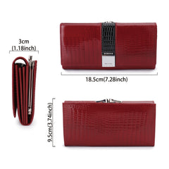 Red Leather Long Wallet for Women Crocodile Texture Bifold
