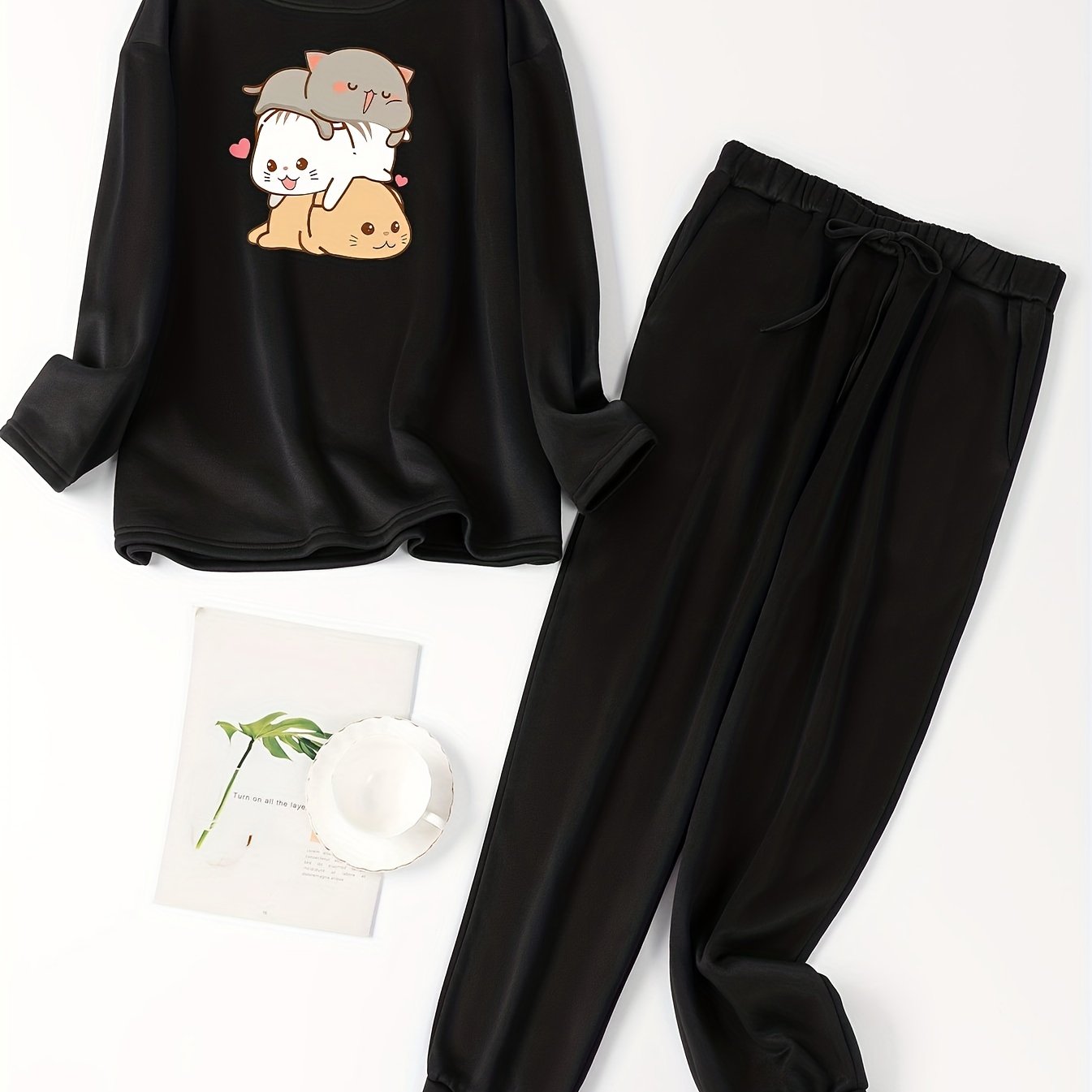 Cat Print Fleece Tee & Jogger Pants Pajama Set