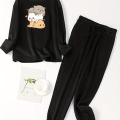 Cat Print Fleece Tee & Jogger Pants Pajama Set