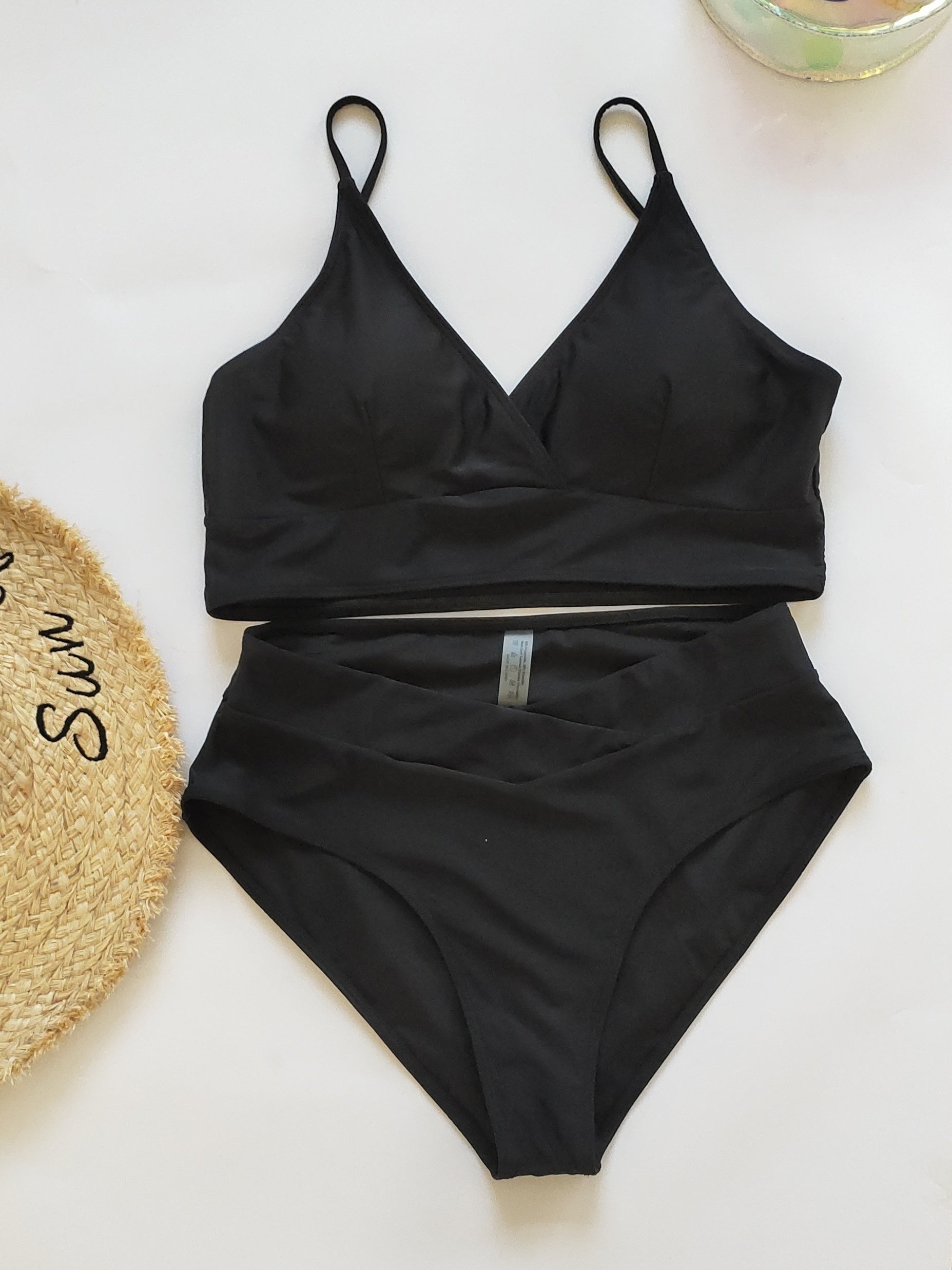 Criss Cross Wide Trim Solid Bikini Set V Neck High Cut Bathing Suit