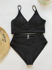 Criss Cross Wide Trim Solid Bikini Set V Neck High Cut Bathing Suit