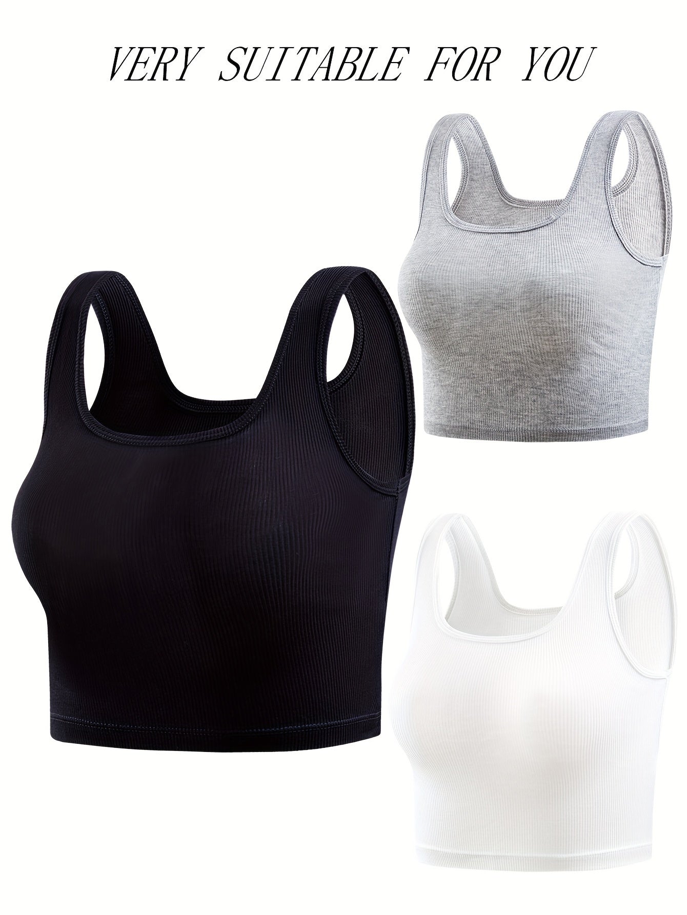 3 Ribbed Tank Tops Crew Neck Sleeveless Top Women's Lingerie