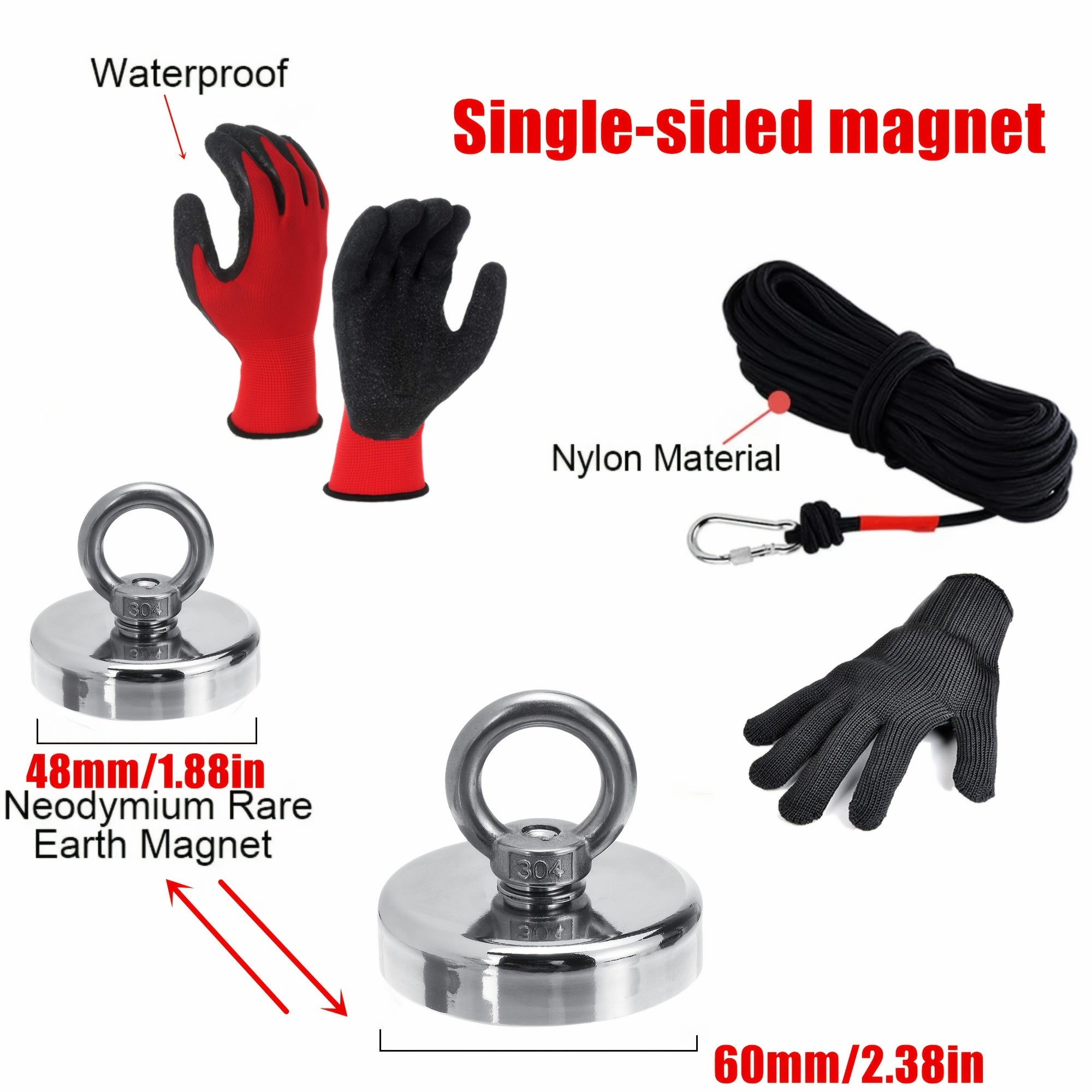4pcs Fishing Magnet Kit - Outdoor Salvage Set With 65ft Rope, Gloves & Carabiner