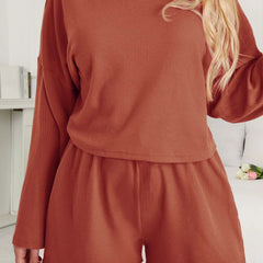 Waffle Knit Lounge Set Solid Long Sleeve Pajama Two Piece