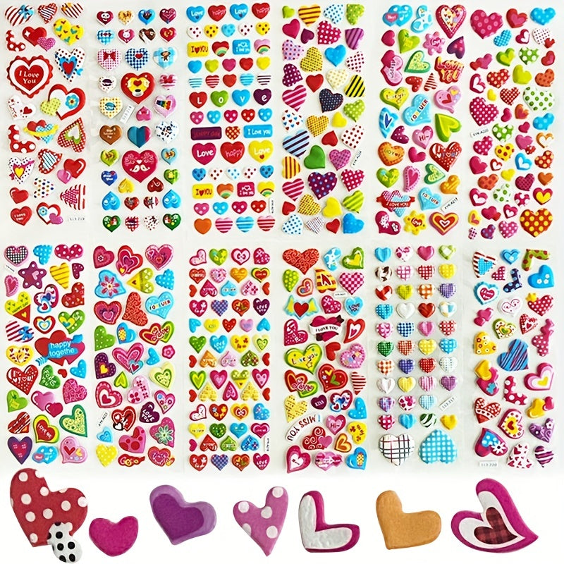 3D Love Heart Shape Stickers for Kids - Pack of 12