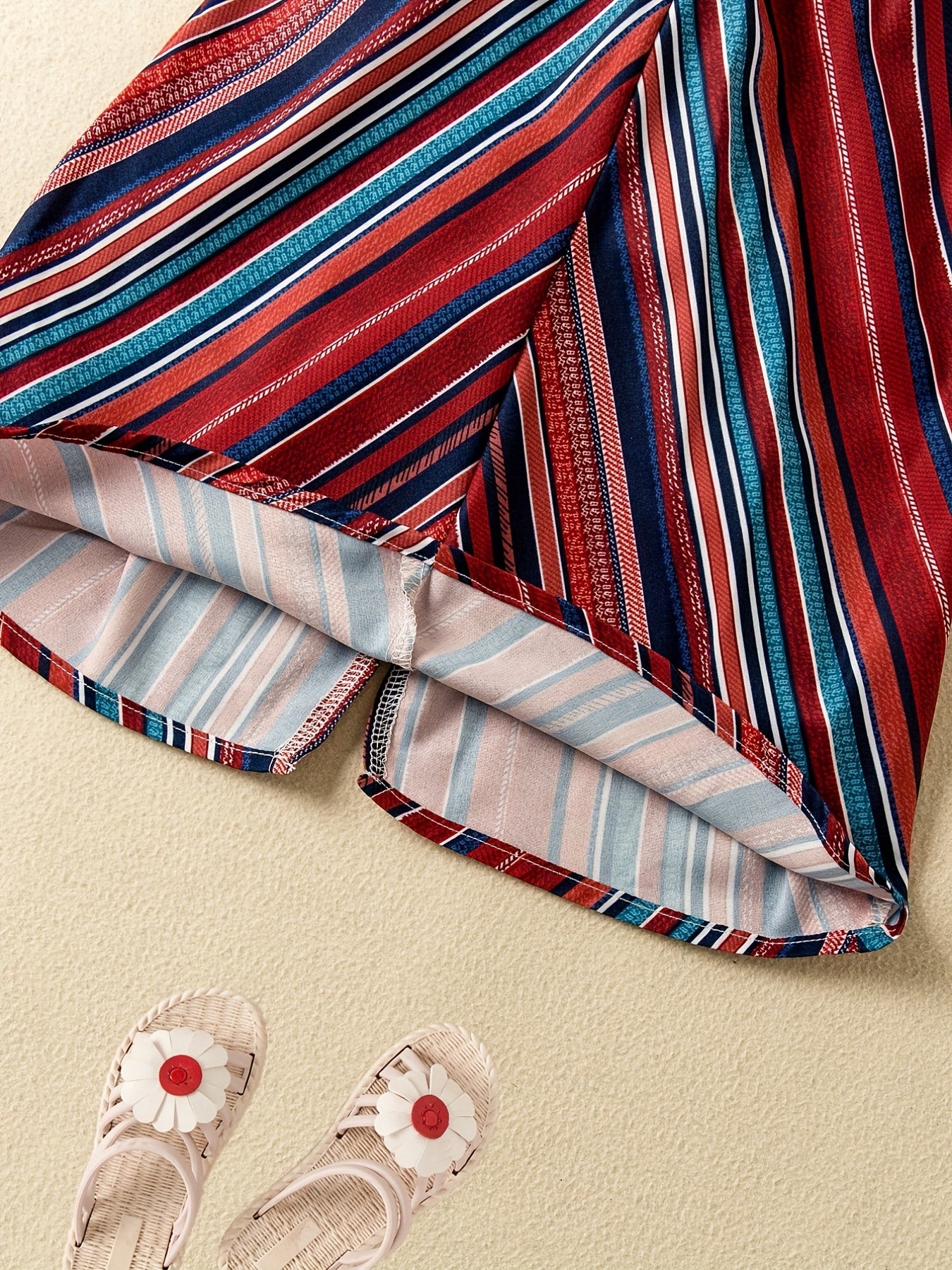 Girls Bohemian Style Dress Short Sleeve Striped V-neck Dress