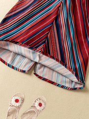 Girls Bohemian Style Dress Short Sleeve Striped V-neck Dress