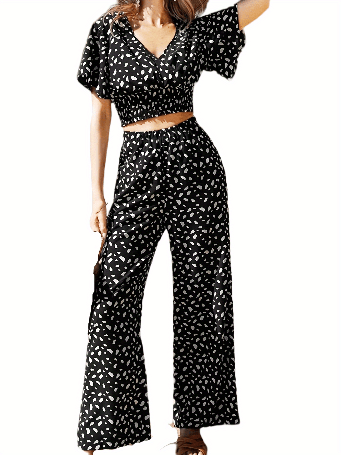 Crop Top & Wide Leg Pants Set Short Sleeve Outfit Women's Clothing