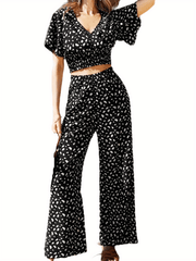 Crop Top & Wide Leg Pants Set Short Sleeve Outfit Women's Clothing