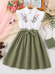 Girls Floral Embroidery Ruffle Trim Button Shirt Dress