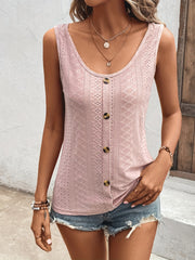 Eyelet Tank Top Button Front Solid Crew Neck