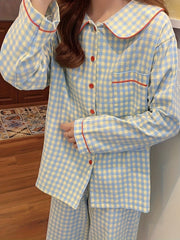 Plaid Button Down Pajamas Blouse & Pants Set