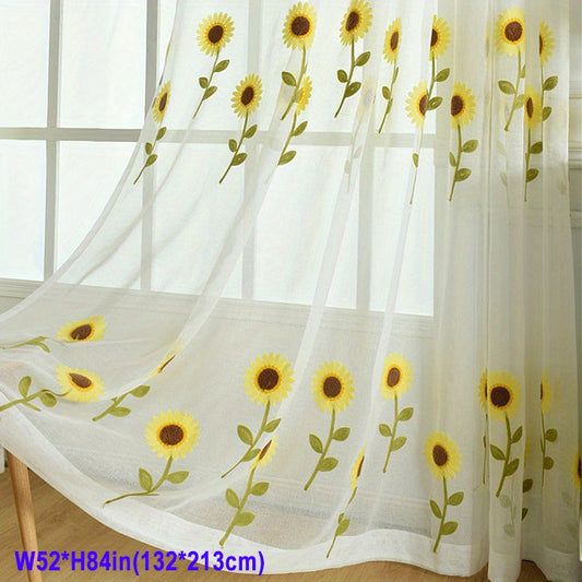 Yellow Sunflower Tulle Curtain for Room Decor Vintage Farmhouse Sheer