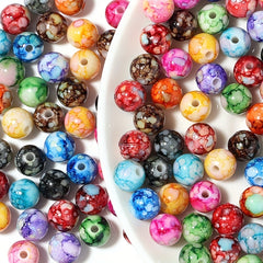 100Pcs Acrylic Crackle Flower Beads Imitated Ceramic Pattern Round Beads