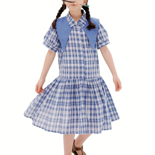 Girl's Cotton Plaid One piece Dress Casual Puff Sleeve Lapel Princess Dress