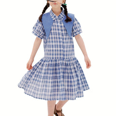 Girl's Cotton Plaid One piece Dress Casual Puff Sleeve Lapel Princess Dress