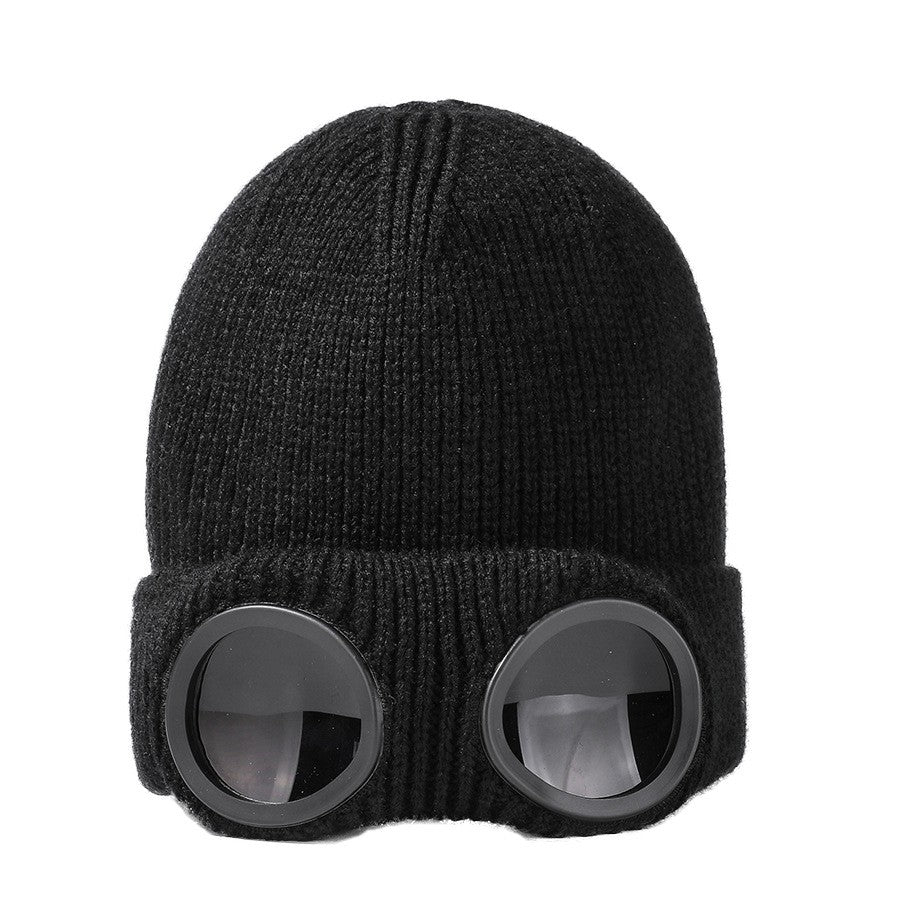 Warm Knitted Beanie Hat with Ski Goggles for Winter Outdoor Activities