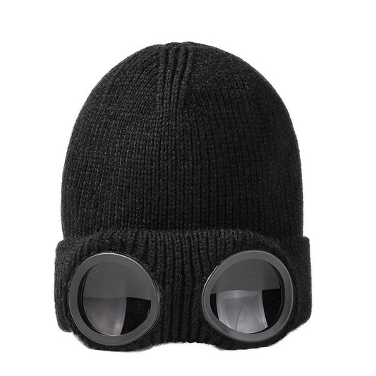 Warm Knitted Beanie Hat with Ski Goggles for Winter Outdoor Activities
