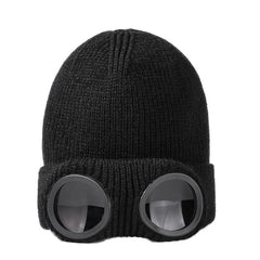 Warm Knitted Beanie Hat with Ski Goggles for Winter Outdoor Activities