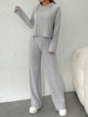 Solid Knit 2pc Set Long Sleeve Hoodie & Wide Leg Pants