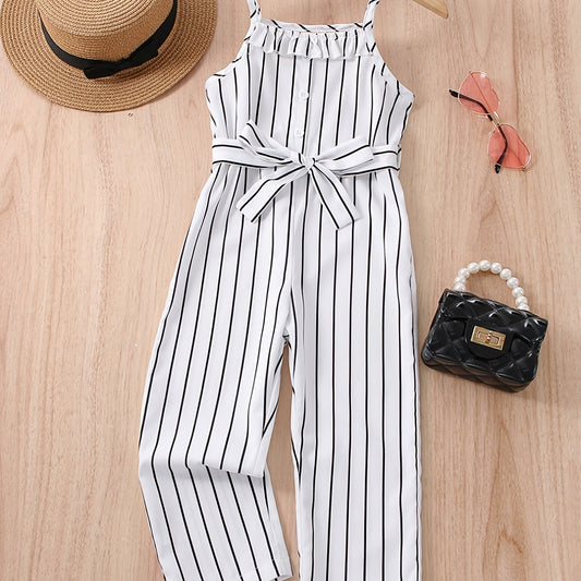 Girls Striped Ruffle Trim Button Belted Cami Jumpsuit Romper