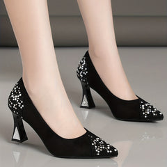 Rhinestone Block Heel Pumps Point Toe Slip On Dress Shoes