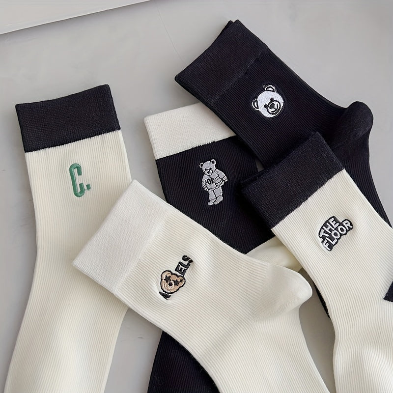 5 Pairs Cartoon Bear Embroidered Socks Women's Stockings