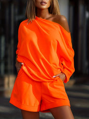 Women's 2pc Casual Set Crew Neck 3/4 Sleeve Tops & Shorts Outfit