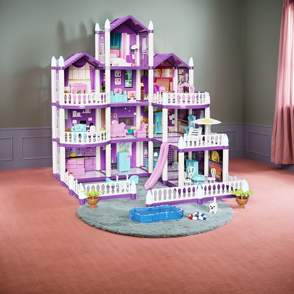13-Room Dollhouse Villa Pink/Purple 3-Level Toy House Durable Plast