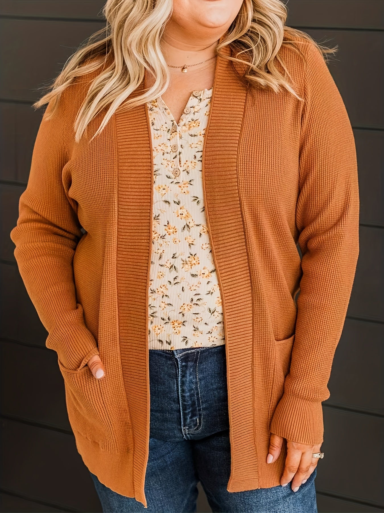 Solid Long Sleeve Open Front Knit Cardigan With Pockets