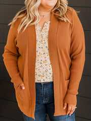 Solid Long Sleeve Open Front Knit Cardigan With Pockets