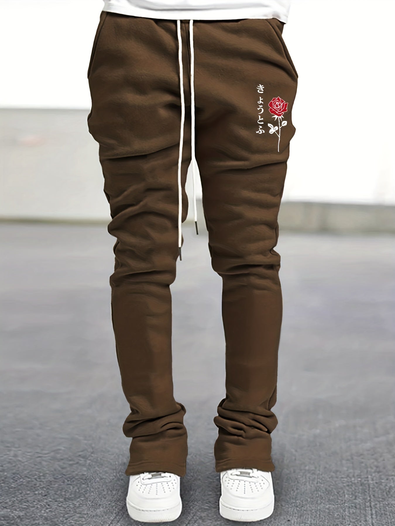 Flower & Japanese Letter Print Men's Drawstring Jogger Pants