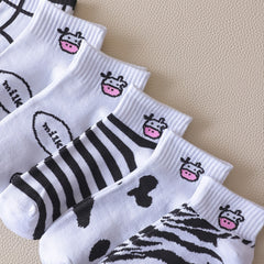 6 Pairs Cartoon Cow & Striped Ankle Socks Women's Stocking