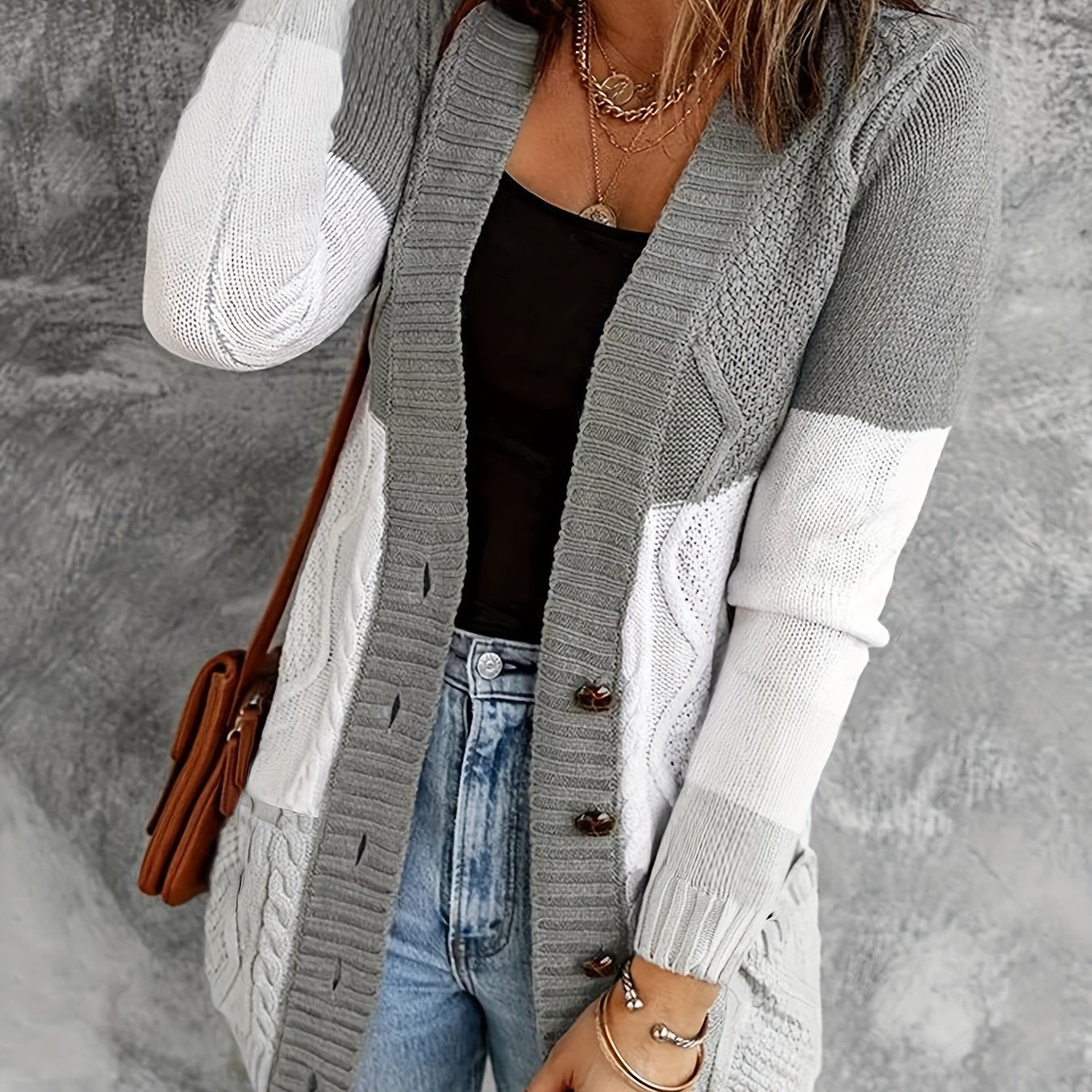 Colorblock Button Up Long Sleeve Sweater Cardigan