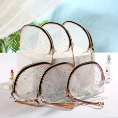 Semicircle Stars Sequin Makeup Bag With Wristlet Dumpling Toiletry Mesh Pouch