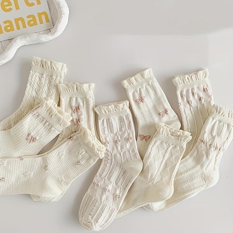Thin Bow & Flower Pattern Socks Breathable Ruched Trim Mid Tube Women's Stocking