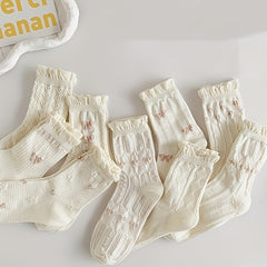 Thin Bow & Flower Pattern Socks Breathable Ruched Trim Mid Tube Women's Stocking