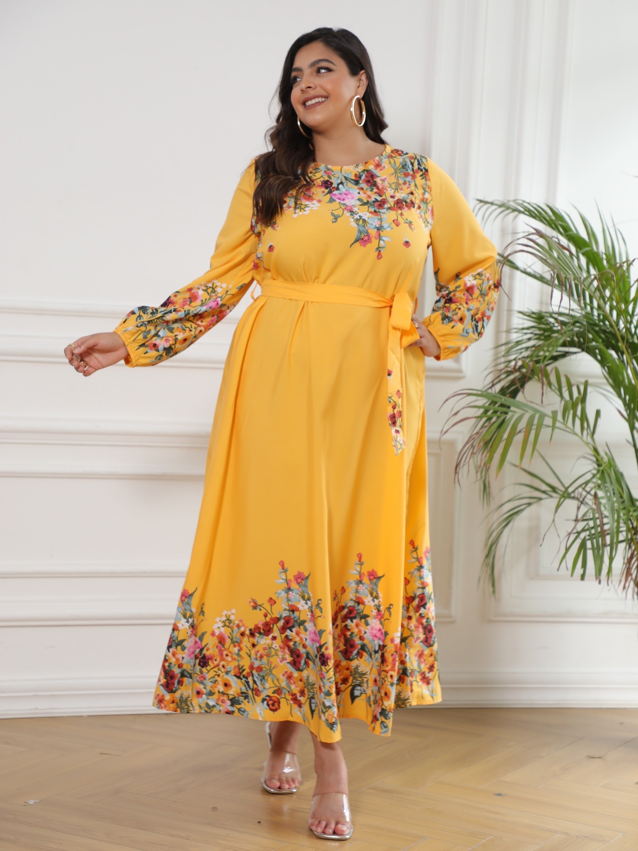 Colorblock Floral Print Long Sleeve Maxi Dress