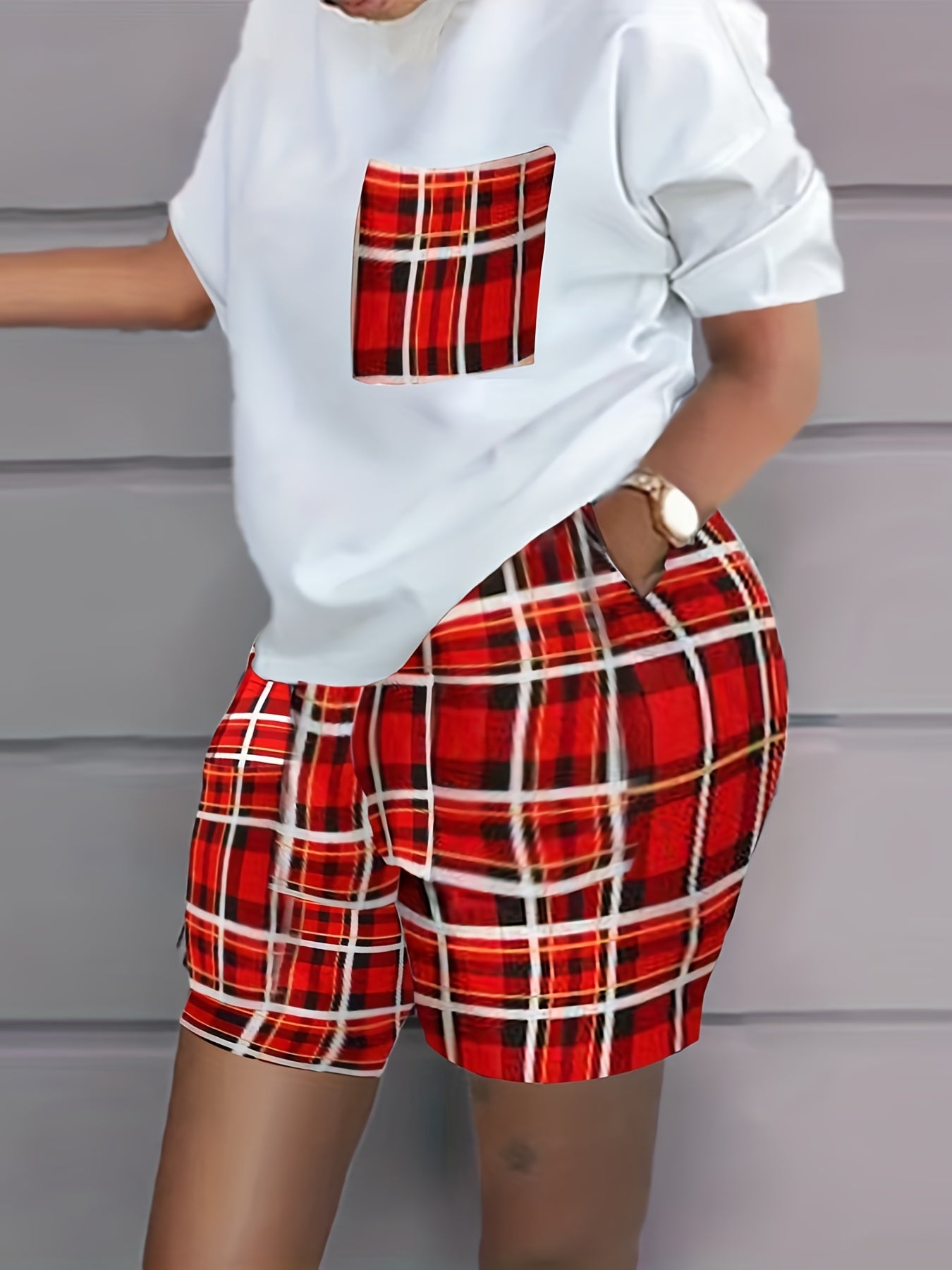 Plaid Two Piece Set Short Sleeve T-shirt & High Waist Shorts