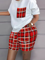 Plaid Two Piece Set Short Sleeve T-shirt & High Waist Shorts
