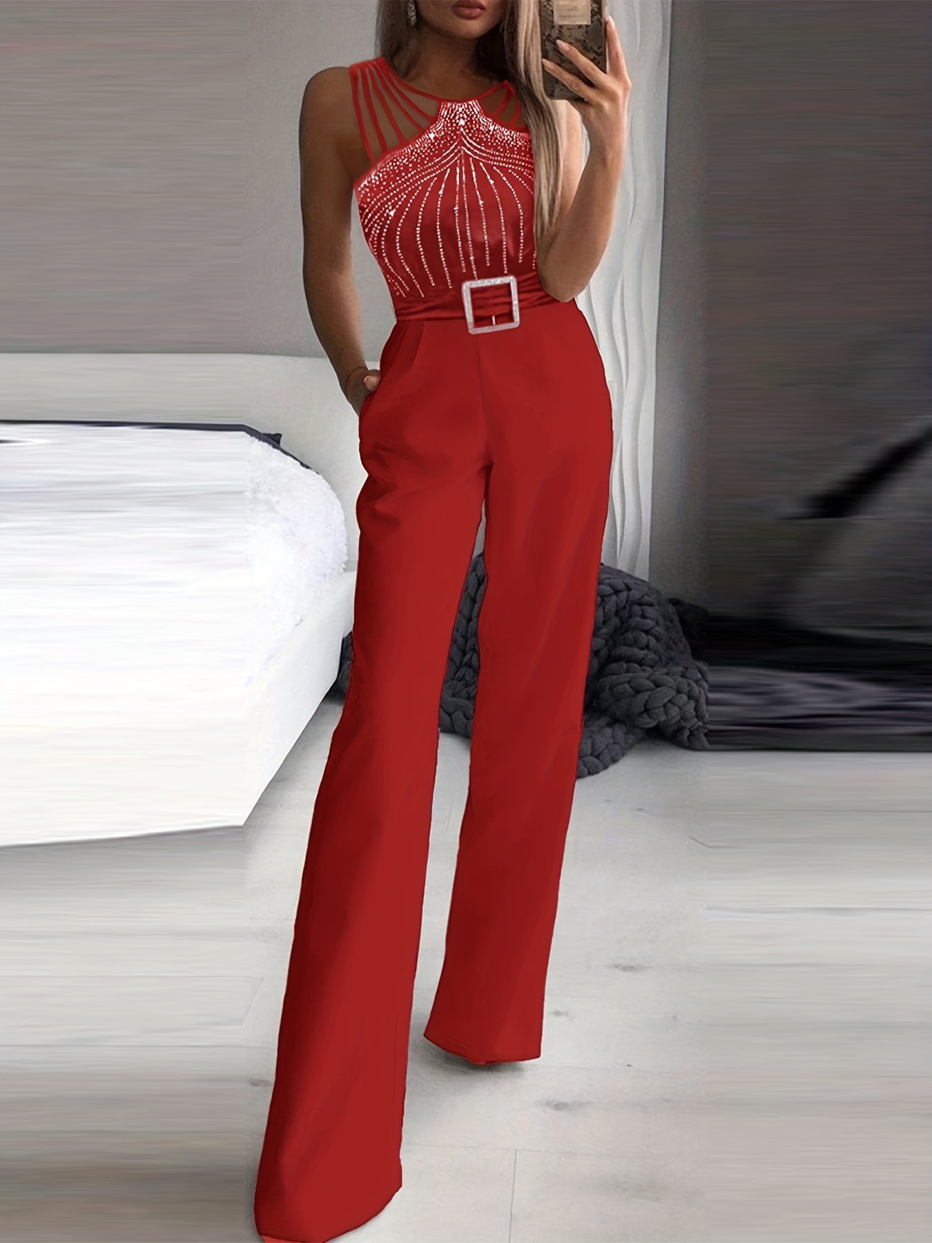 Sparkling Rhinestone Wide Leg Jumpsuit