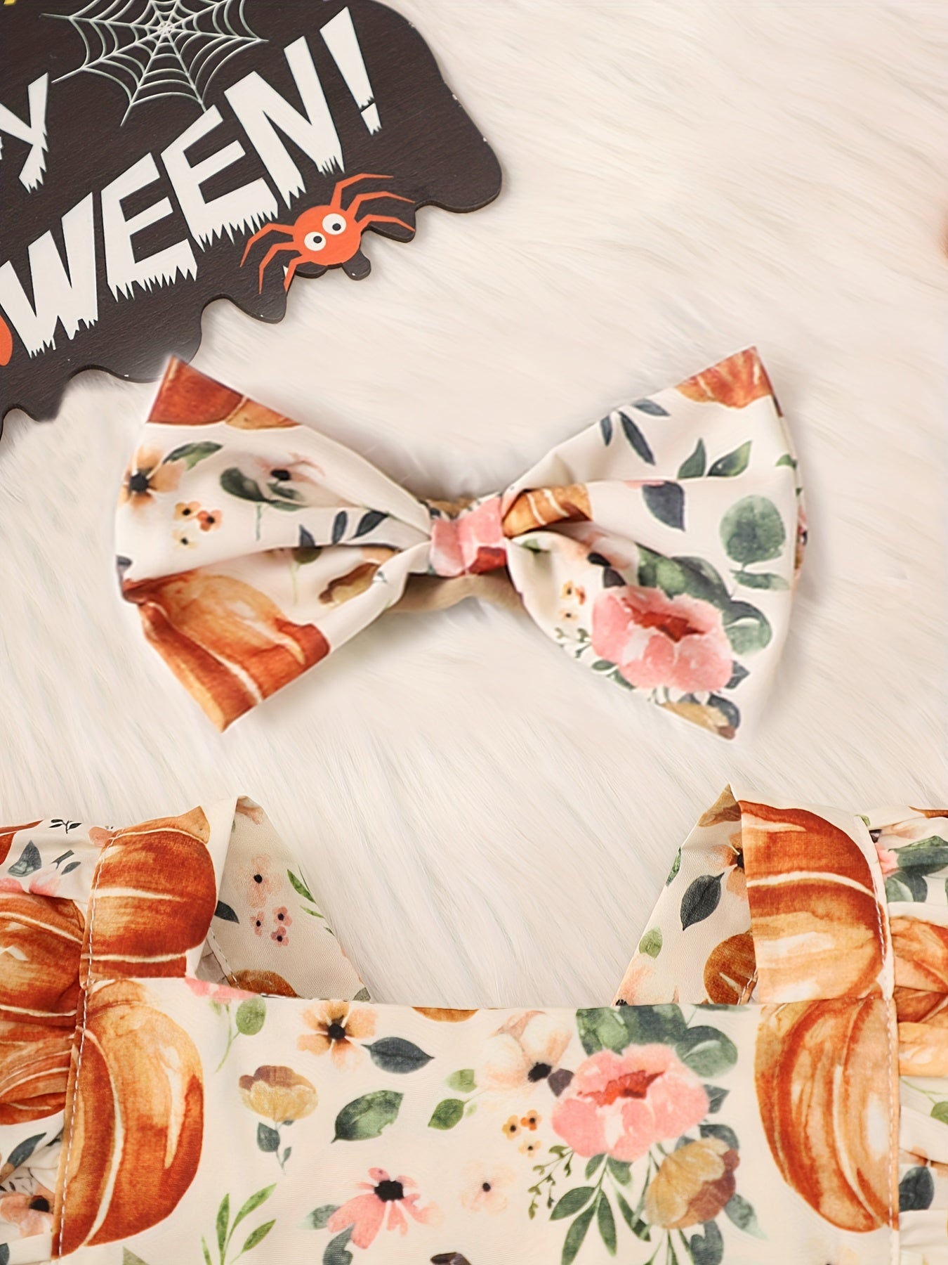 Baby Girls Halloween Pumpkin Print Bodysuit & Headwear Set