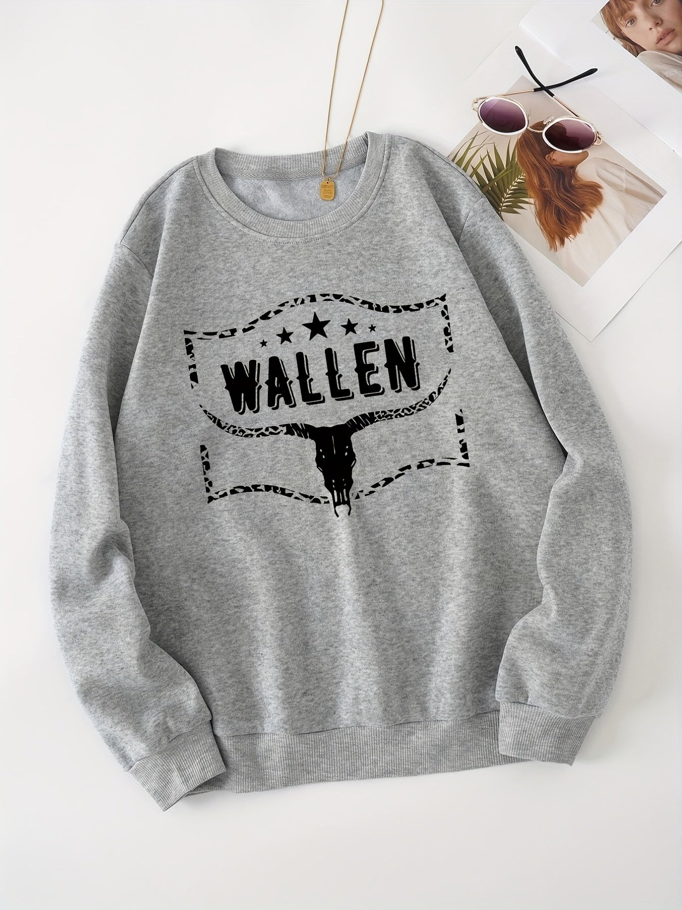 Letter & Cow Print Pullover Tops Long Sleeve Sporty Sweatshirt