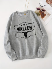 Letter & Cow Print Pullover Tops Long Sleeve Sporty Sweatshirt