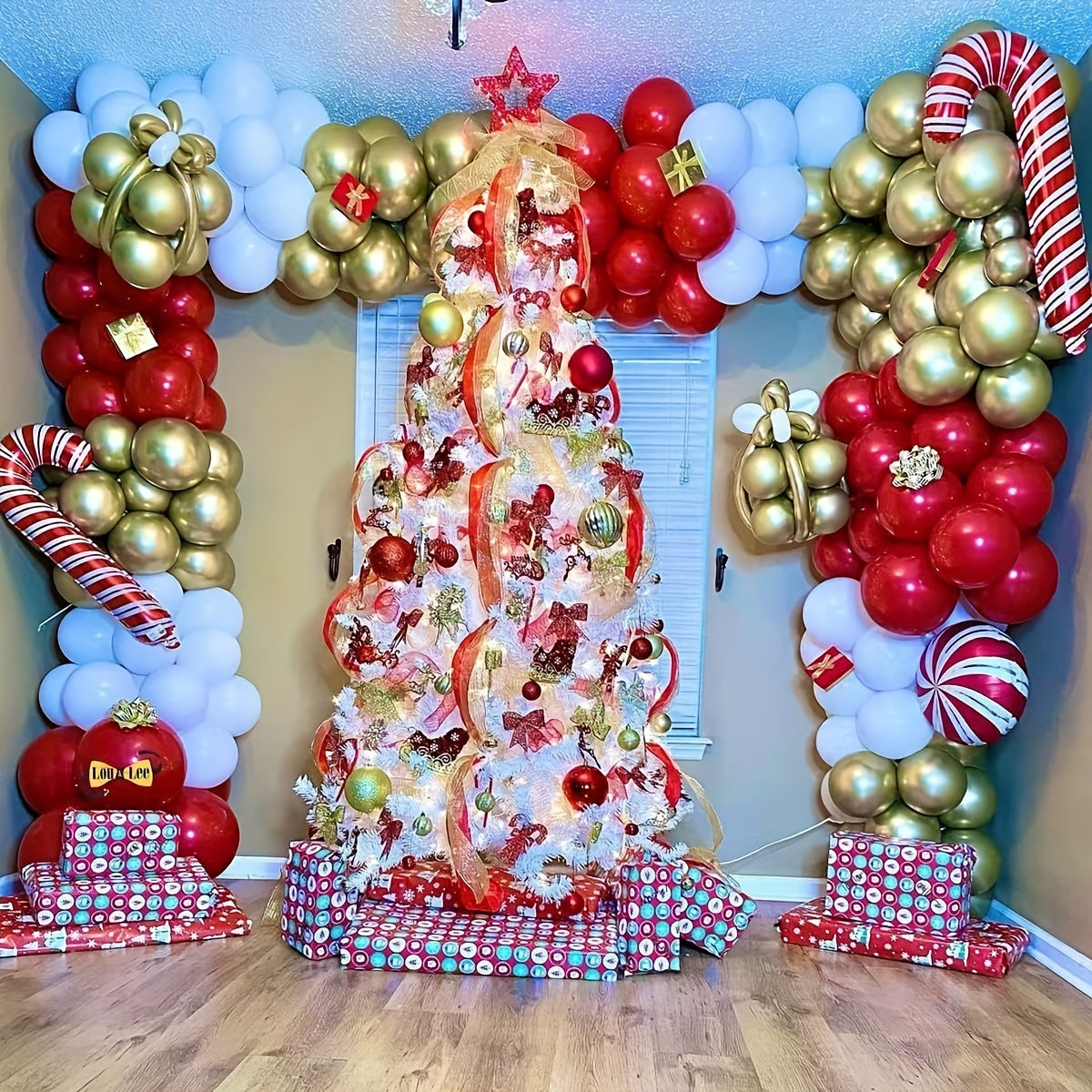 142pcs Christmas Balloon Arch Garland Kit - Red Golden Candy Cane Balloons
