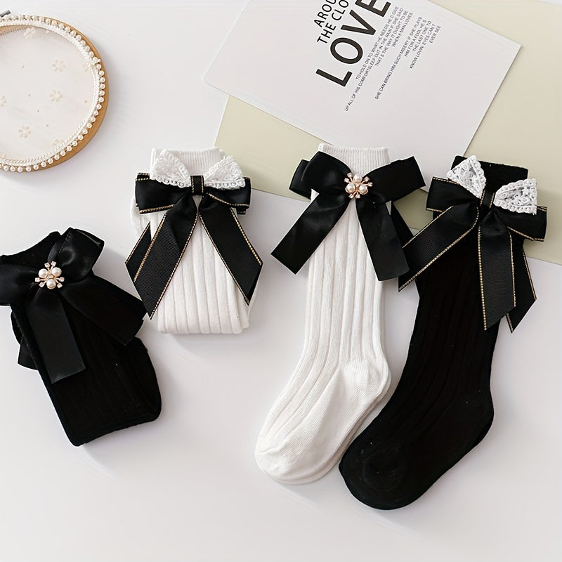 4 Pairs Baby Girls Knee High Socks Infants Bow Ruffled Stockings 0-12 Years