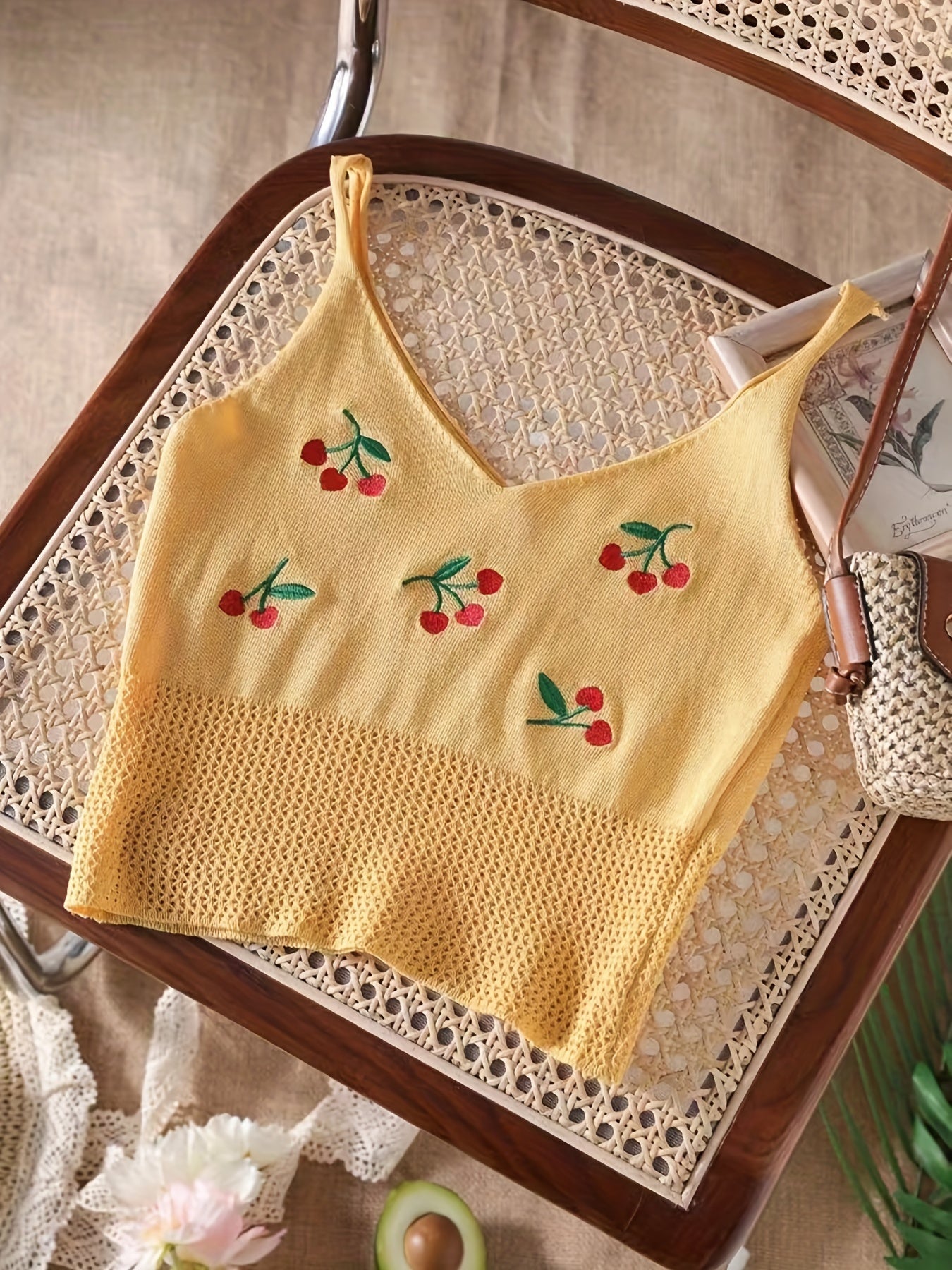 Cherry Pattern Embroidered Knit Crop Cami Top Cutout V Neck Summer Sleeveless